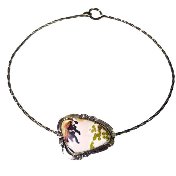 N/A Jewelry - Vtg Picture Jasper Pendant Artisan Silver 925 Necklace Southwest Twisted Torque